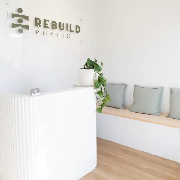 Modern physio clinic waiting room in Glenelg, bright seating, welcoming atmosphere, Adelaide South Australia physiotherapy services.